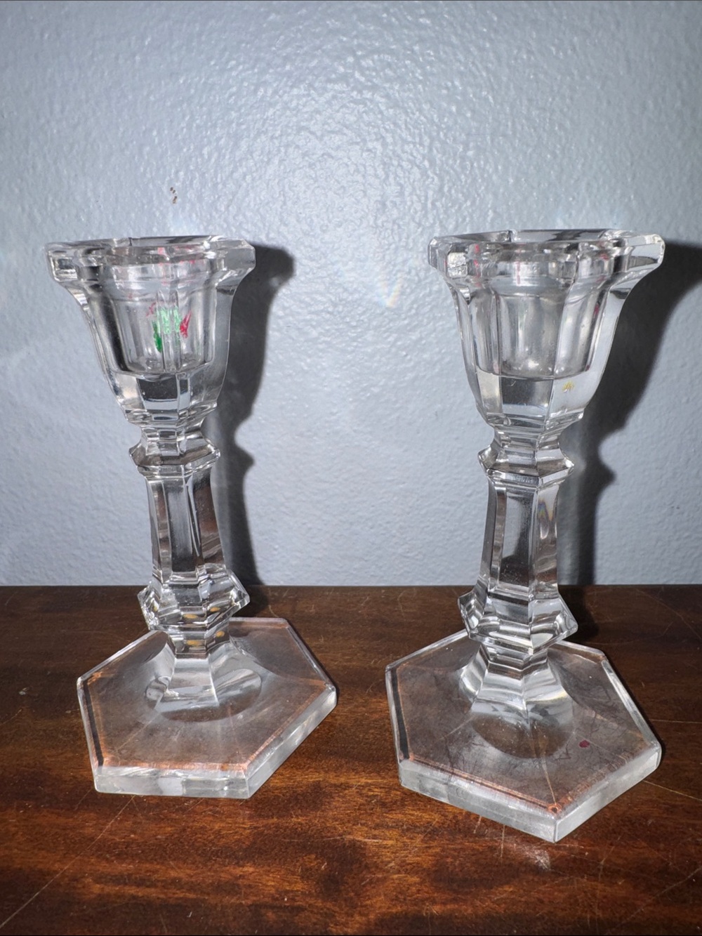 Vintage Pair of Clear Pressed Glass Candlestick Holders Hexagonal Base